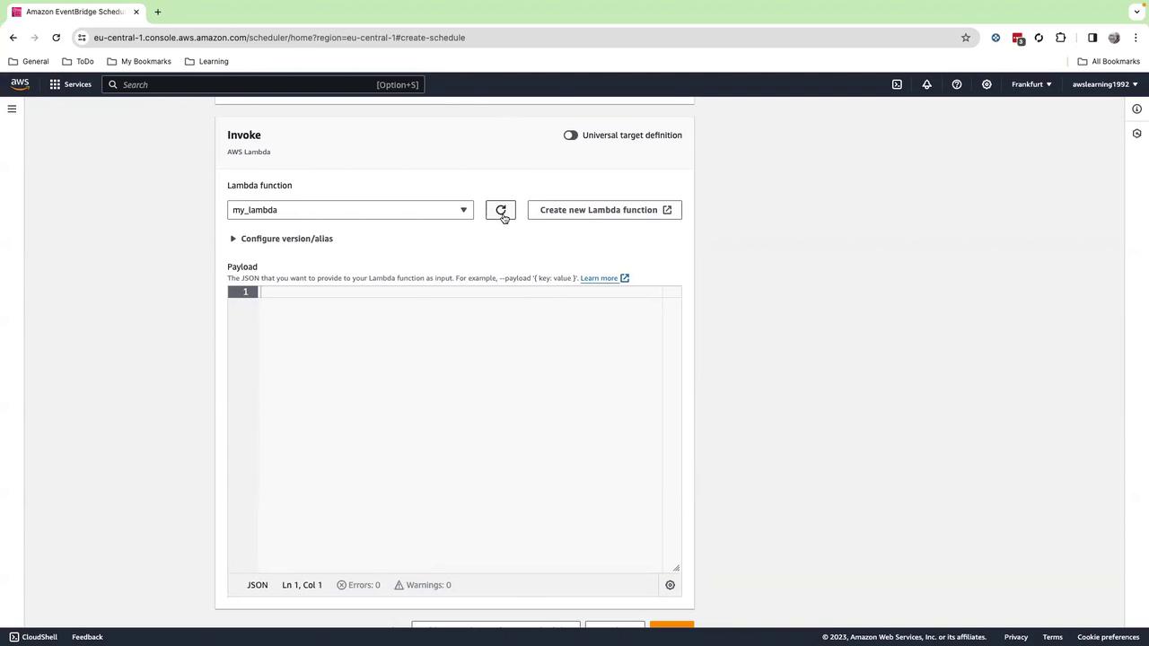 The image shows an AWS EventBridge Scheduler interface where a Lambda function named "my_lambda" is being configured with options to create a new Lambda function and input a JSON payload.