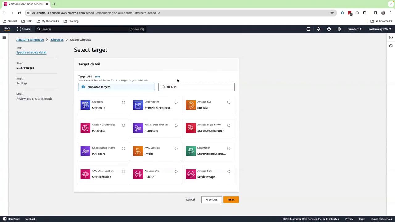 The image shows an Amazon Web Services (AWS) EventBridge Scheduler interface where a user is selecting a target API for a schedule. Various AWS services like CodeBuild, Lambda, and SNS are listed as options.