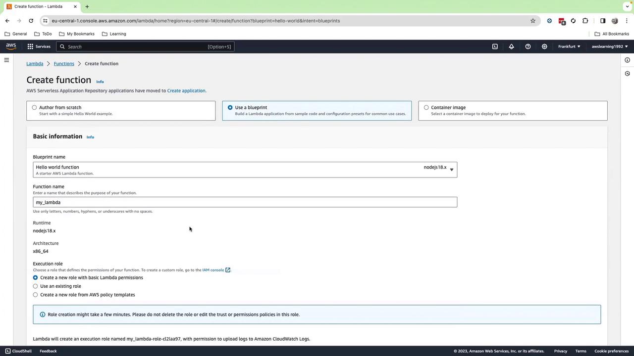 The image shows the AWS Lambda console where a user is creating a new function using a blueprint. The function is named "my_lambda" with Node.js 18.x as the runtime.
