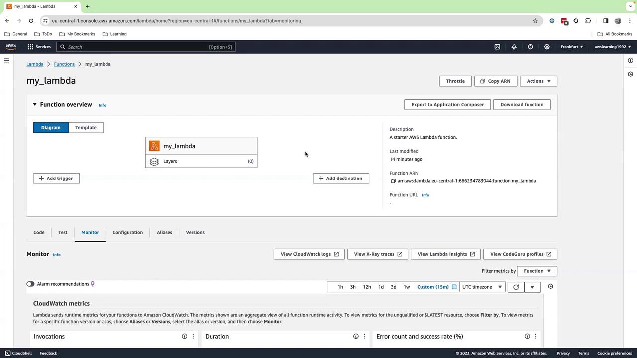 The image shows the AWS Lambda console with details of a function named "my_lambda," including options for monitoring, configuration, and CloudWatch metrics.