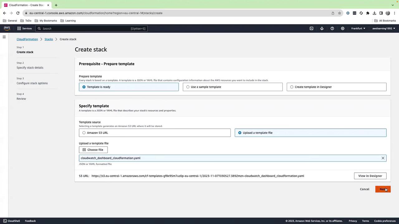 The image shows an AWS CloudFormation interface for creating a stack, where a user can prepare and specify a template by uploading a YAML file. The interface includes options to choose a template source and upload a file.