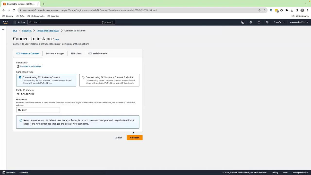 The image shows an AWS EC2 console interface for connecting to an instance, with options for connection type and a button to connect.