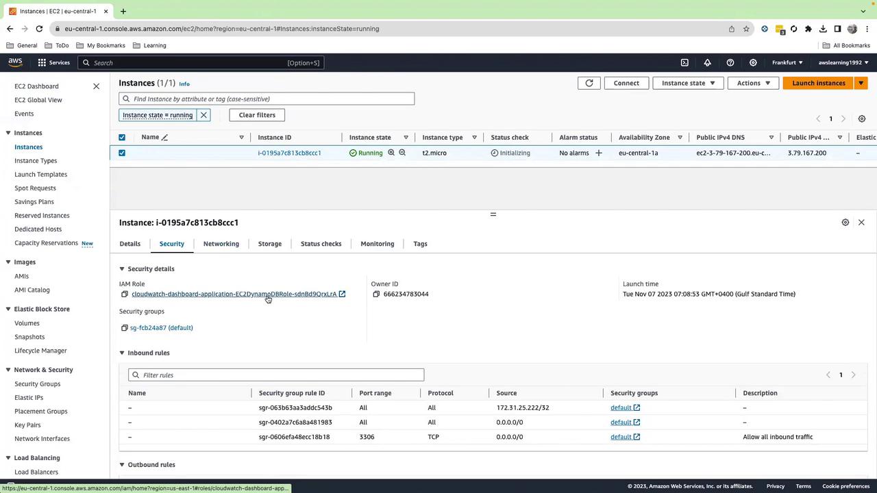 The image shows an AWS EC2 dashboard displaying details of a running instance, including its ID, type, security details, and inbound rules.