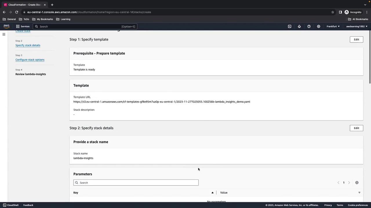 The image shows an AWS CloudFormation console where a user is creating a stack. It includes steps for specifying a template and stack details, with fields for a template URL and stack name.