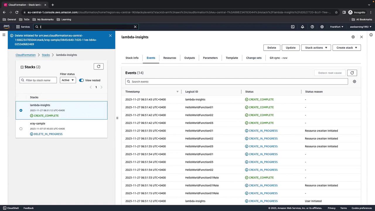 The image shows an AWS CloudFormation console with a list of stack events for "lambda-insights," displaying timestamps, logical IDs, and statuses of various operations.