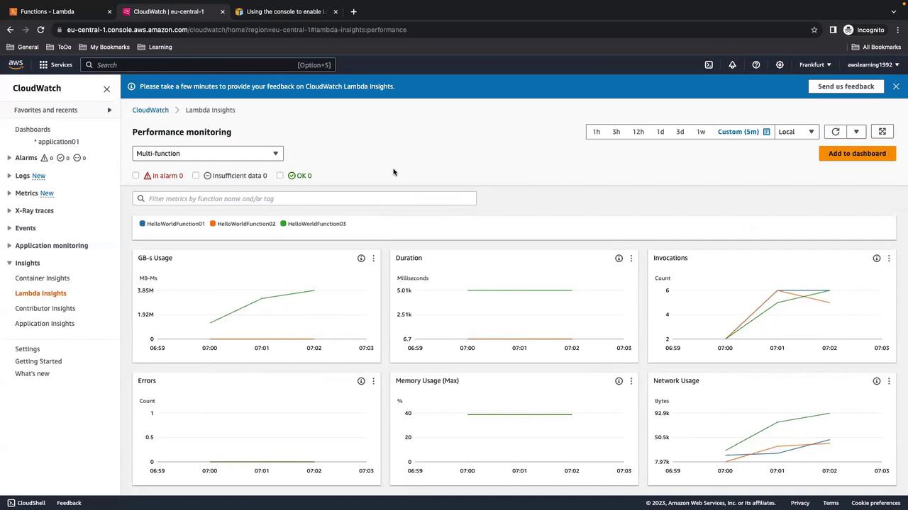 The image shows an AWS CloudWatch Lambda Insights dashboard displaying performance metrics such as GB-s usage, duration, invocations, errors, memory usage, and network usage for multiple functions. The interface includes graphs and options for customizing the time range and adding data to a dashboard.