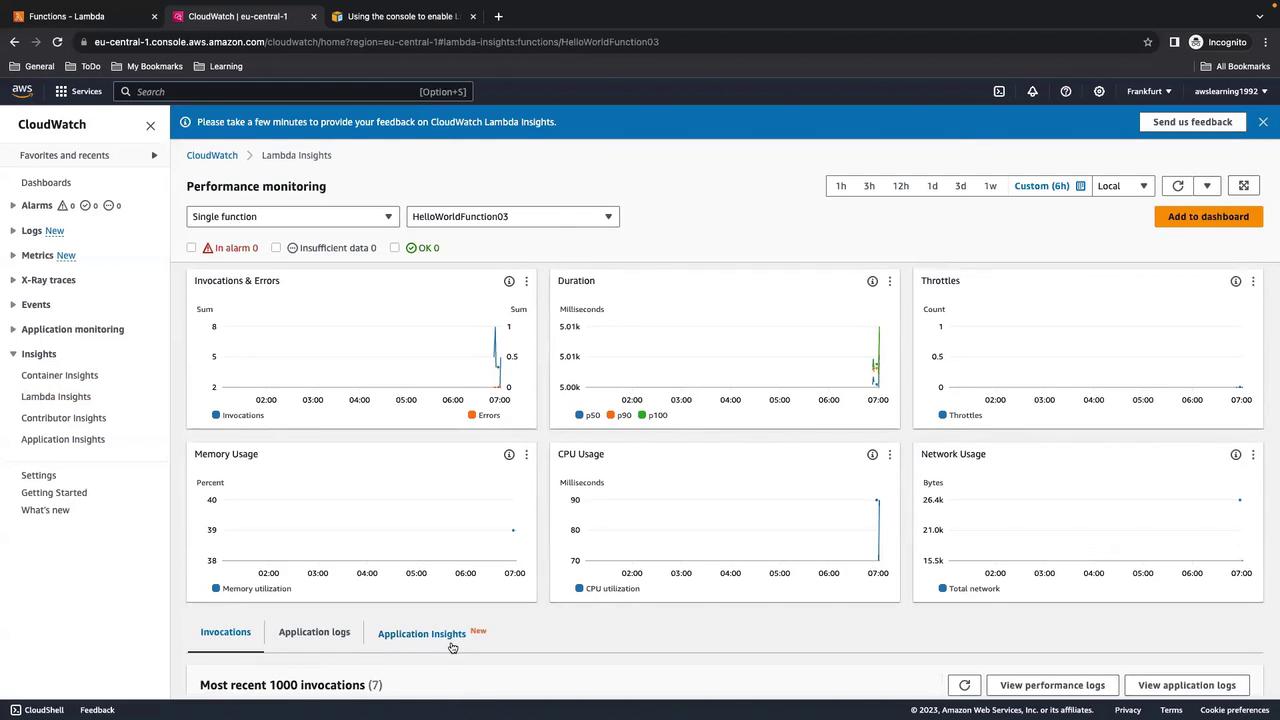 The image shows an AWS CloudWatch dashboard displaying performance monitoring metrics for a Lambda function, including invocations, errors, duration, throttles, memory usage, CPU usage, and network usage over a custom time range.