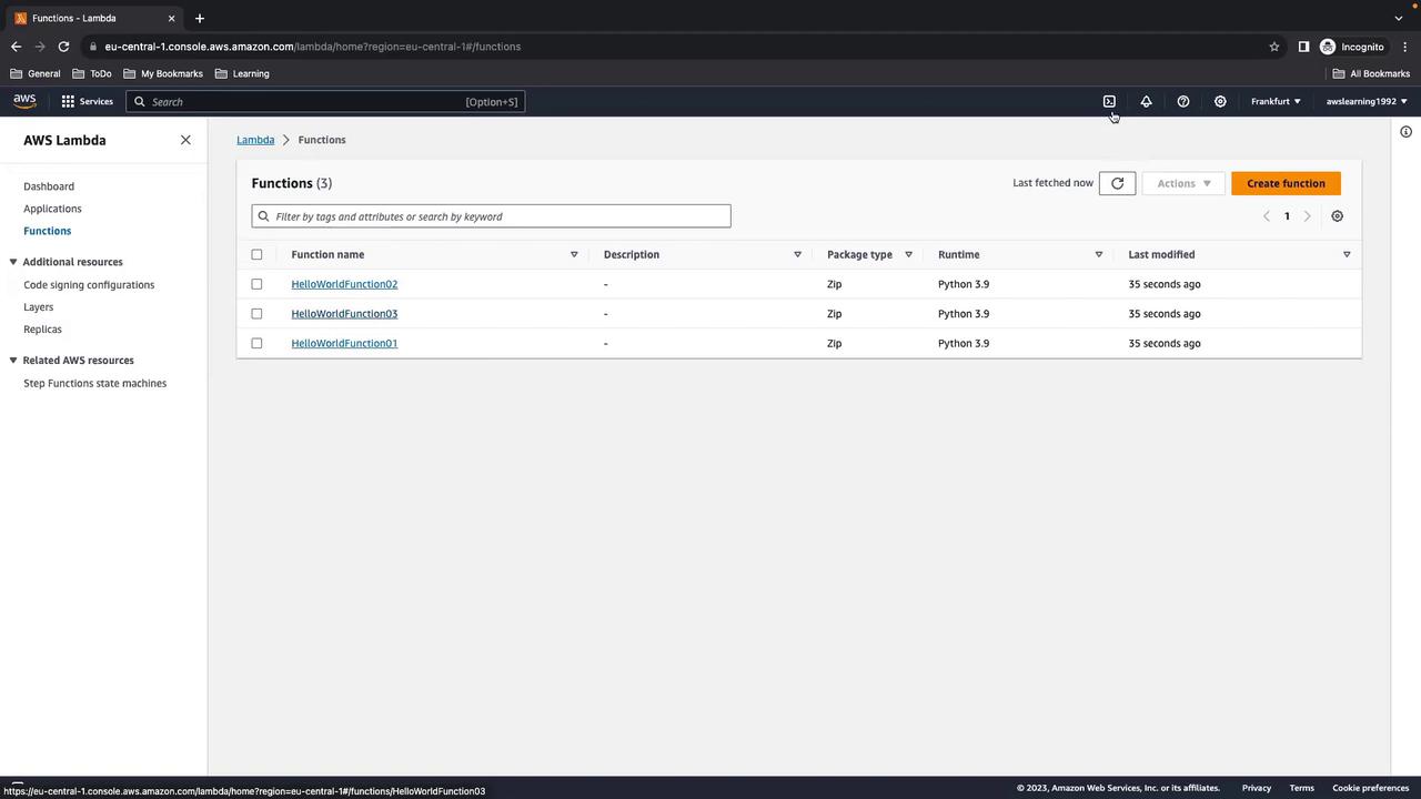 The image shows an AWS Lambda console with a list of functions named "HelloWorldFunction01," "HelloWorldFunction02," and "HelloWorldFunction03," all using Python 3.9.