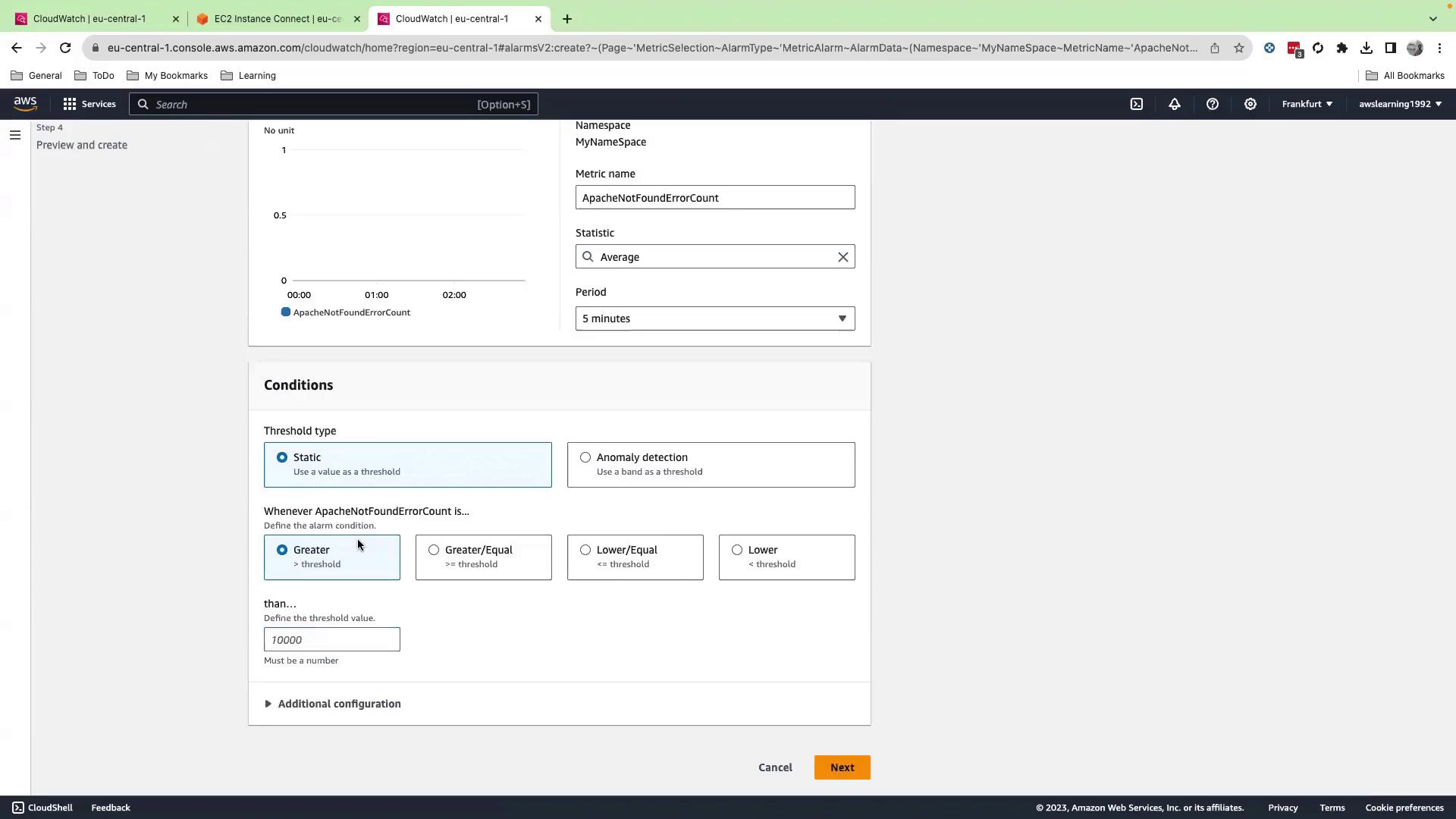 The image shows an AWS CloudWatch configuration screen for setting an alarm based on the "ApacheNotFoundErrorCount" metric, with conditions for threshold settings.