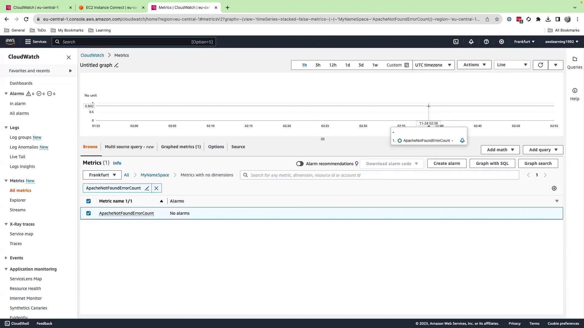 The image shows an AWS CloudWatch dashboard displaying a graph for the metric "ApacheNotFoundErrorCount" with no alarms set. The interface includes options for managing metrics and creating alarms.