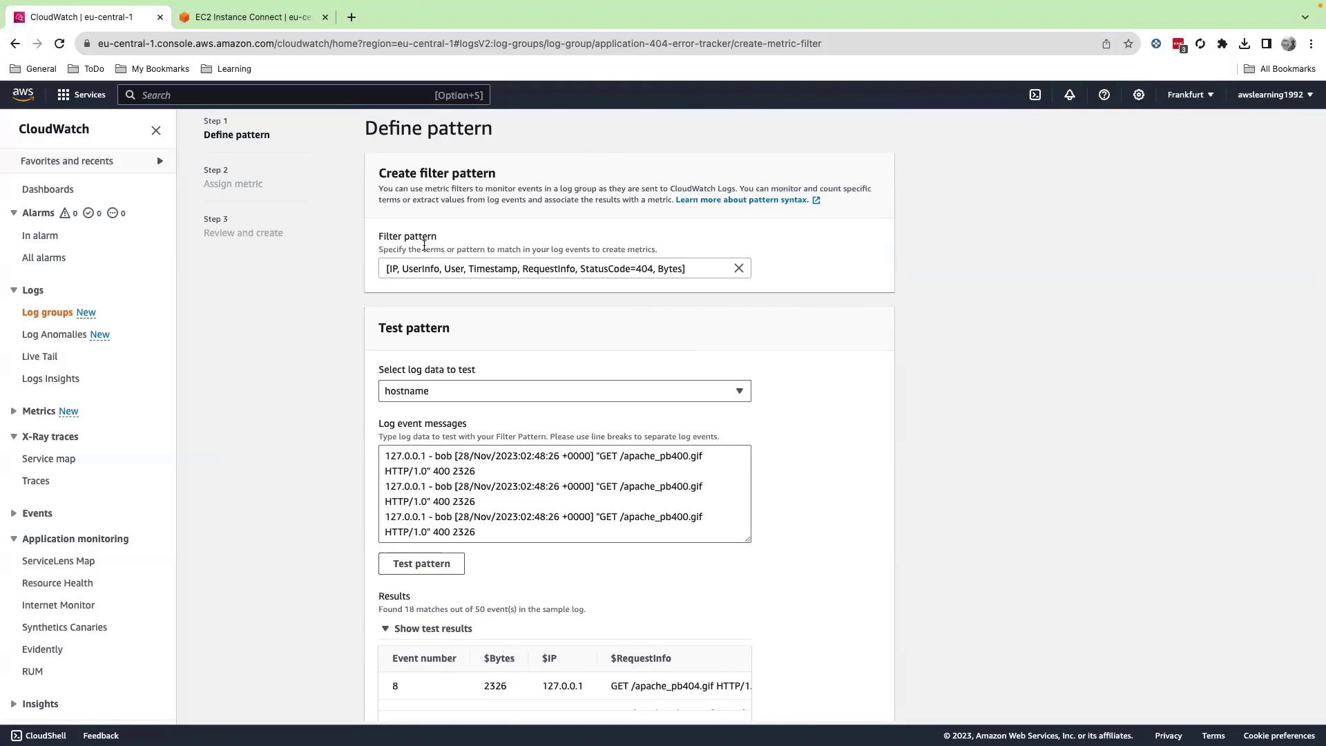 The image shows an AWS CloudWatch interface where a filter pattern is being defined to monitor log events. It includes sections for creating a filter pattern, testing the pattern with log data, and displaying test results.