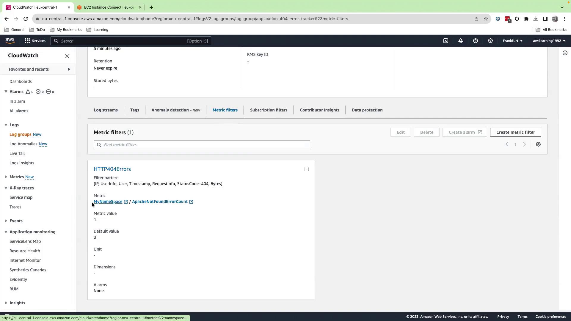 The image shows an AWS CloudWatch interface displaying a metric filter for HTTP 404 errors, with details about the filter pattern and metric value.