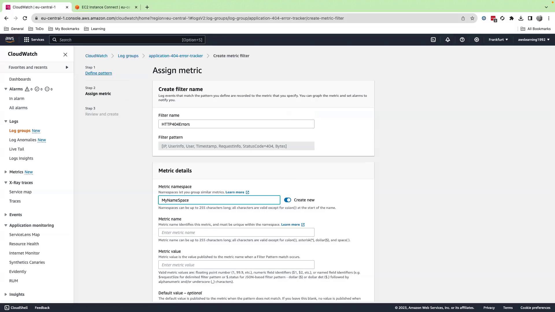The image shows an AWS CloudWatch interface where a user is assigning a metric for HTTP 404 errors, with fields for filter name, pattern, and metric details.