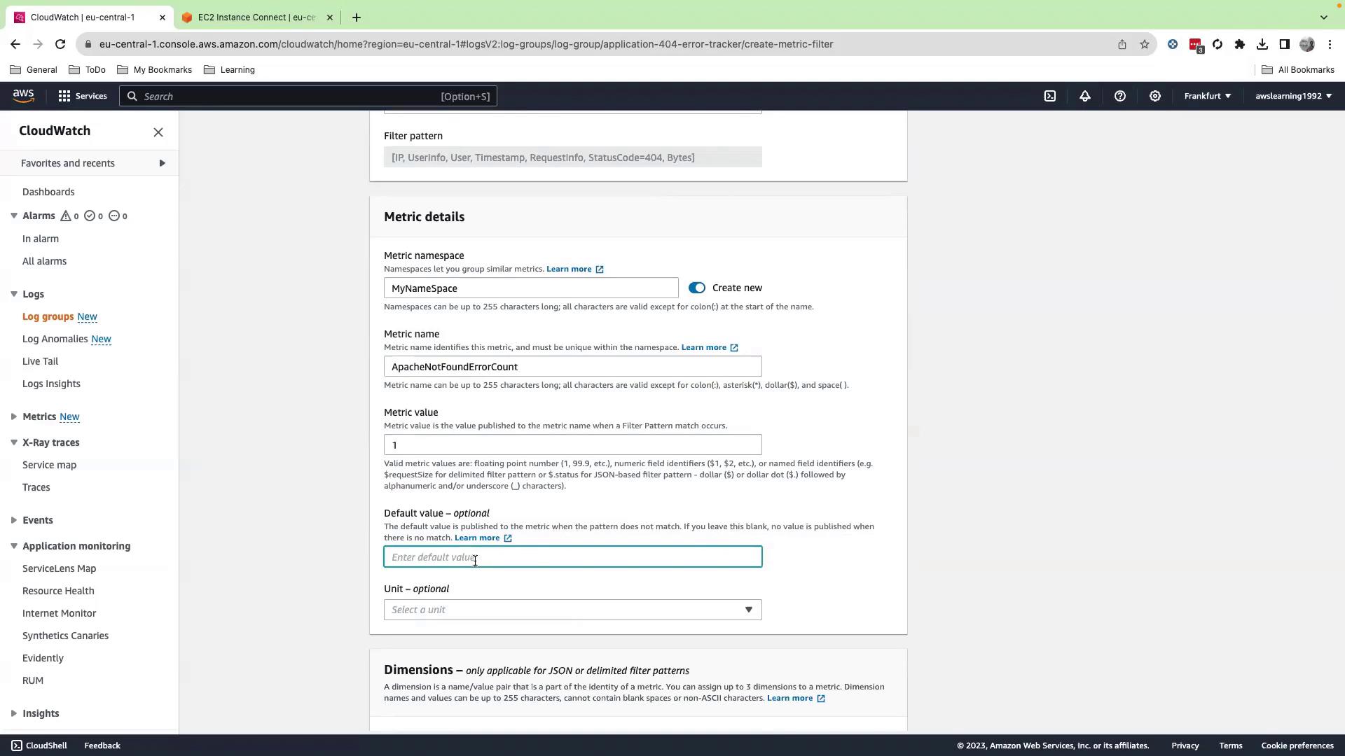 The image shows an AWS CloudWatch interface where a user is configuring metric details for log monitoring, including fields for metric namespace, name, and value.