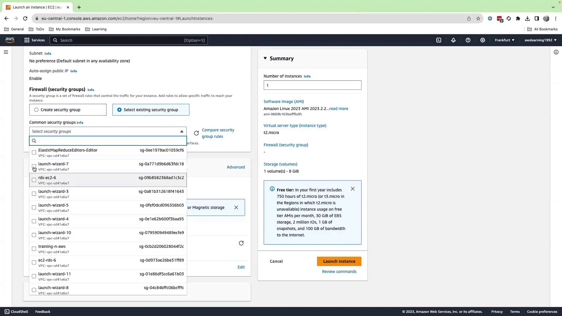 The image shows an AWS EC2 console screen where a user is configuring the launch of an instance, selecting security groups, and reviewing instance details like type and storage.