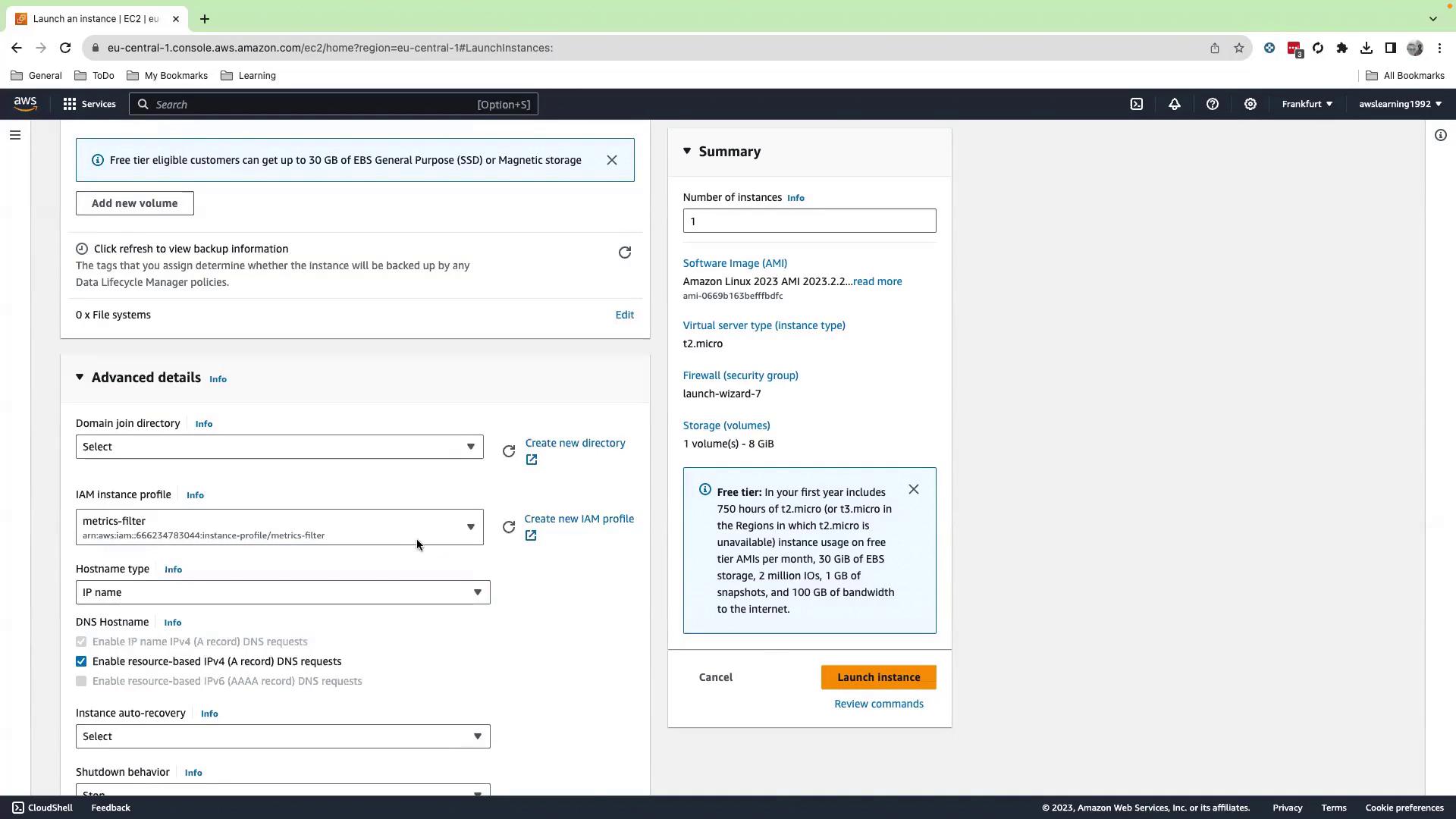 The image shows the AWS EC2 console interface for launching an instance, with options for configuring instance details such as software image, instance type, and storage. The summary section highlights the free tier benefits.