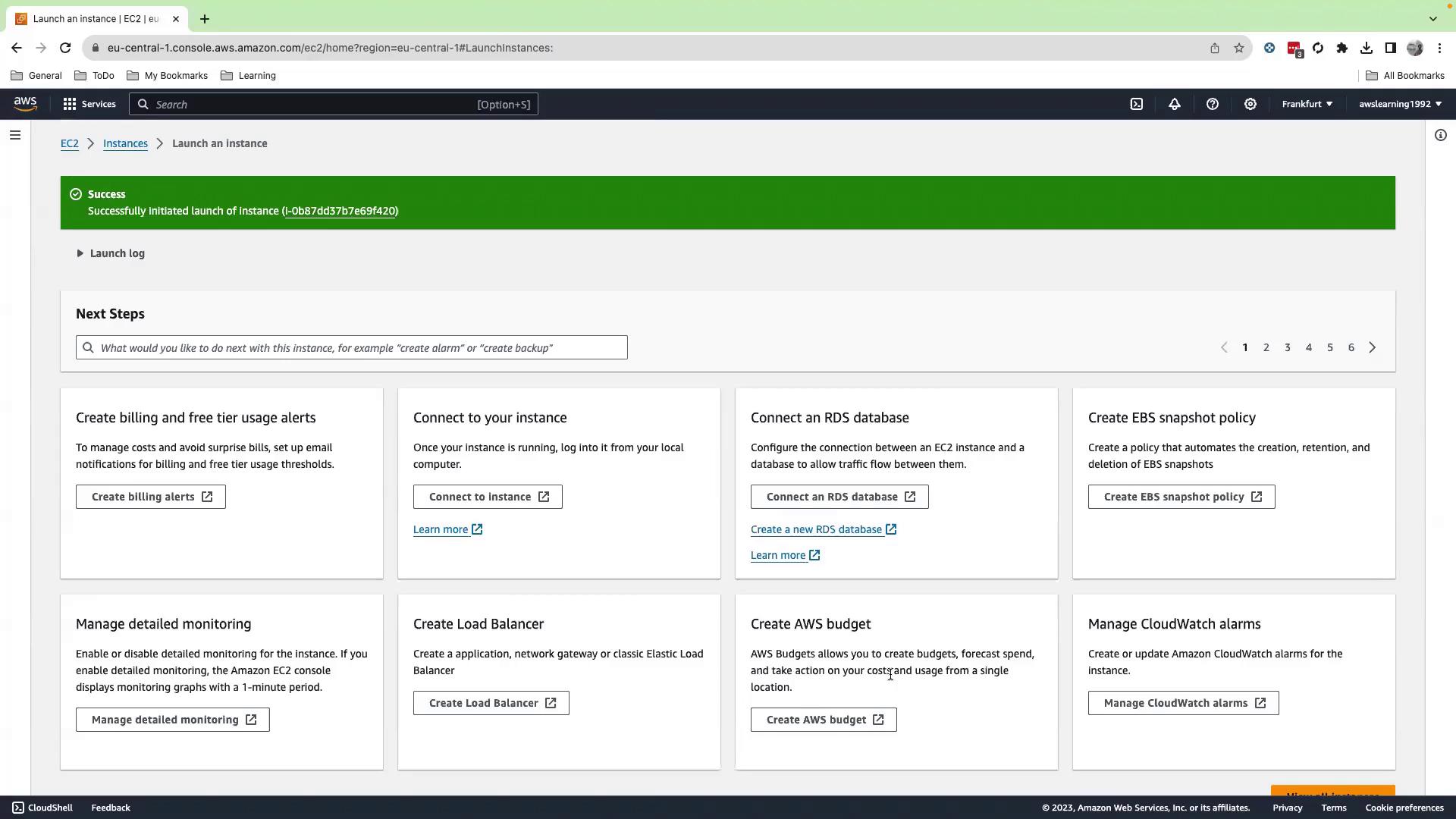 The image shows an AWS EC2 console screen indicating a successful instance launch, with options for next steps like creating billing alerts, connecting to the instance, and managing monitoring.