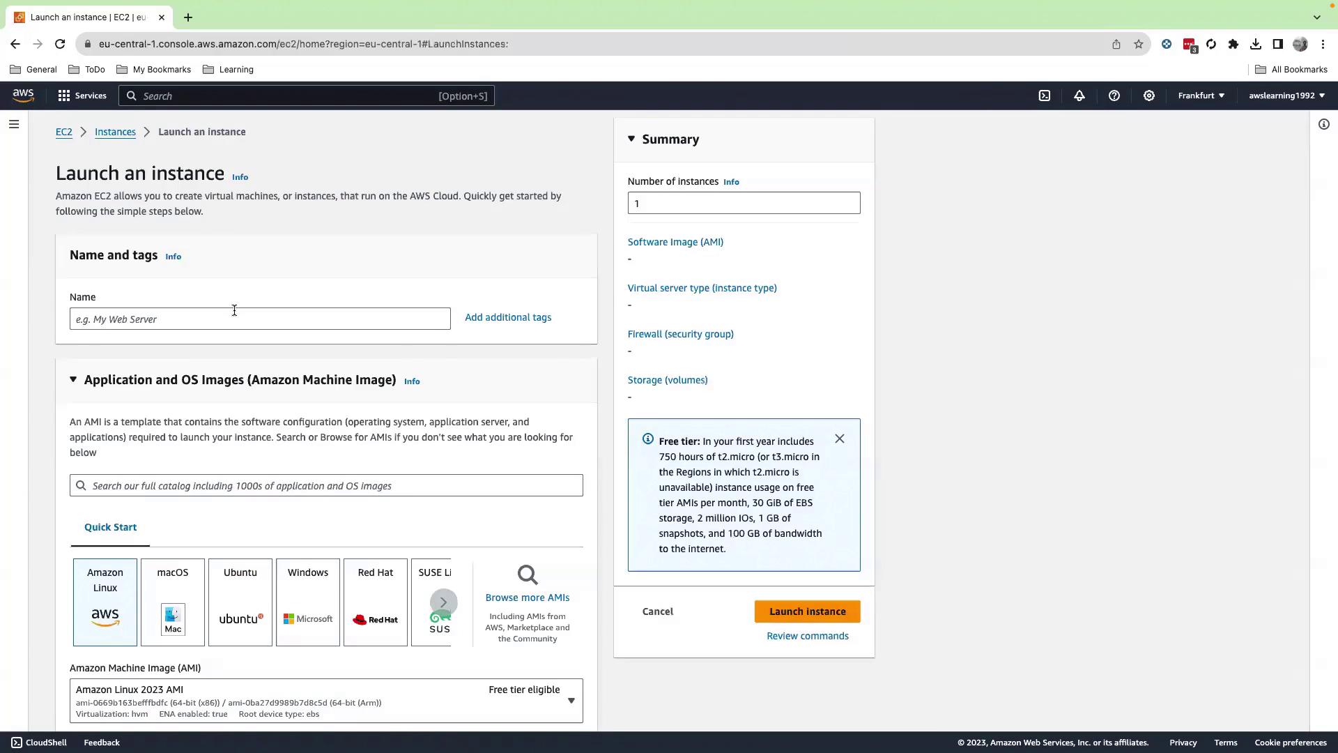 The image shows the AWS EC2 console interface for launching an instance, with options to select the name, tags, and Amazon Machine Image (AMI). There is also a summary section on the right and a "Launch instance" button.