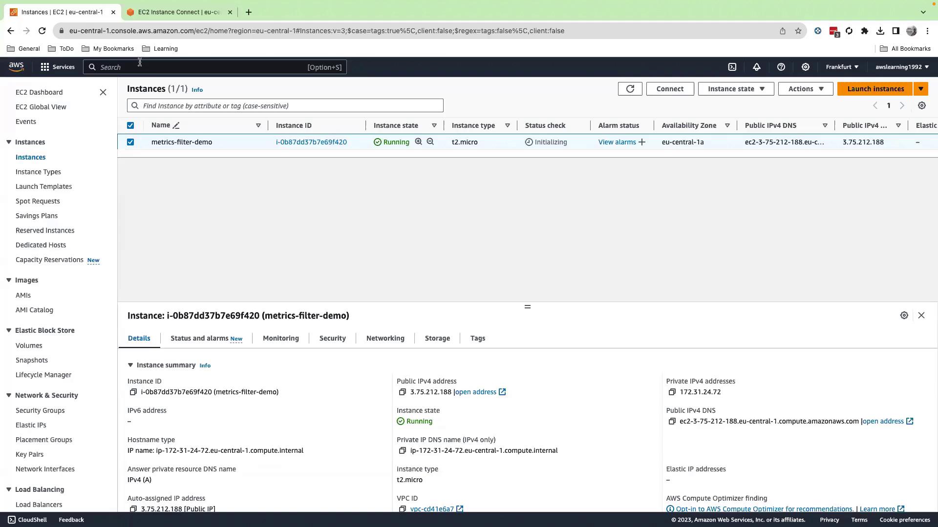 The image shows an AWS EC2 management console with a running instance named "metrics-filter-demo" of type "t2.micro" in the "eu-central-1a" availability zone.