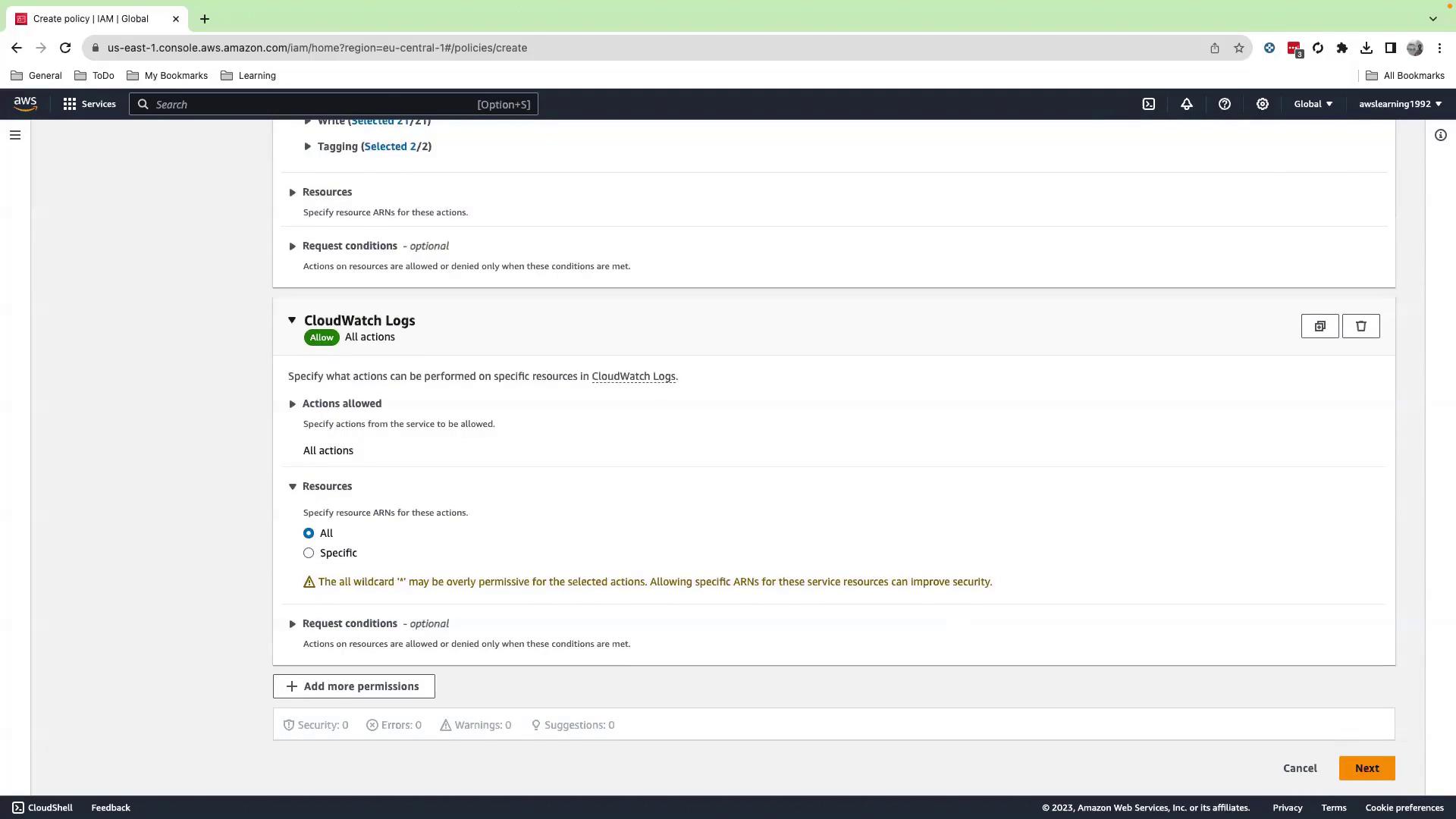 The image shows an AWS IAM policy creation screen, specifically focusing on setting permissions for CloudWatch Logs with options to allow all actions and specify resource ARNs.