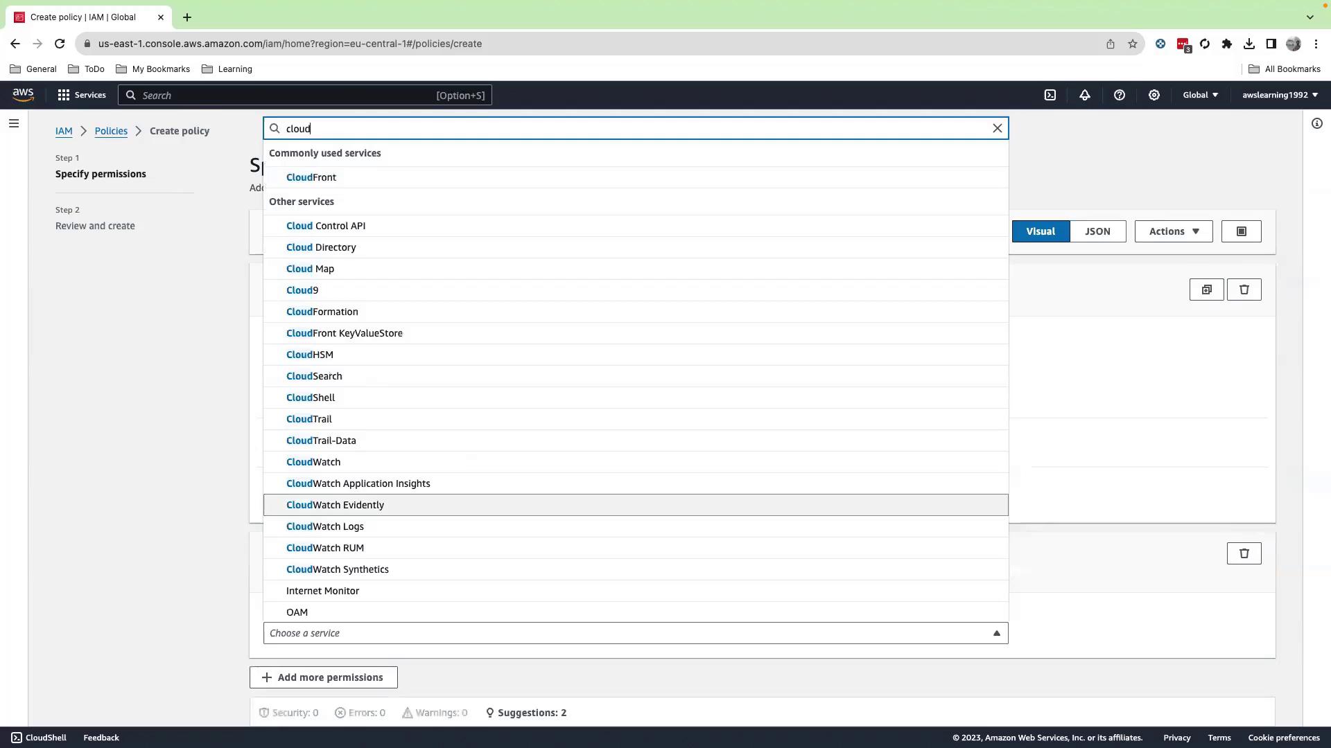 The image shows an AWS IAM policy creation interface with a search for cloud-related services, displaying options like CloudFront, CloudWatch, and CloudTrail.