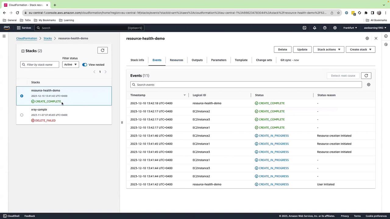 The image shows an AWS CloudFormation console with details of two stacks: "resource-health-demo" and "xray-sample." The "resource-health-demo" stack is in a "CREATE_COMPLETE" status, while "xray-sample" has a "DELETE_FAILED" status.