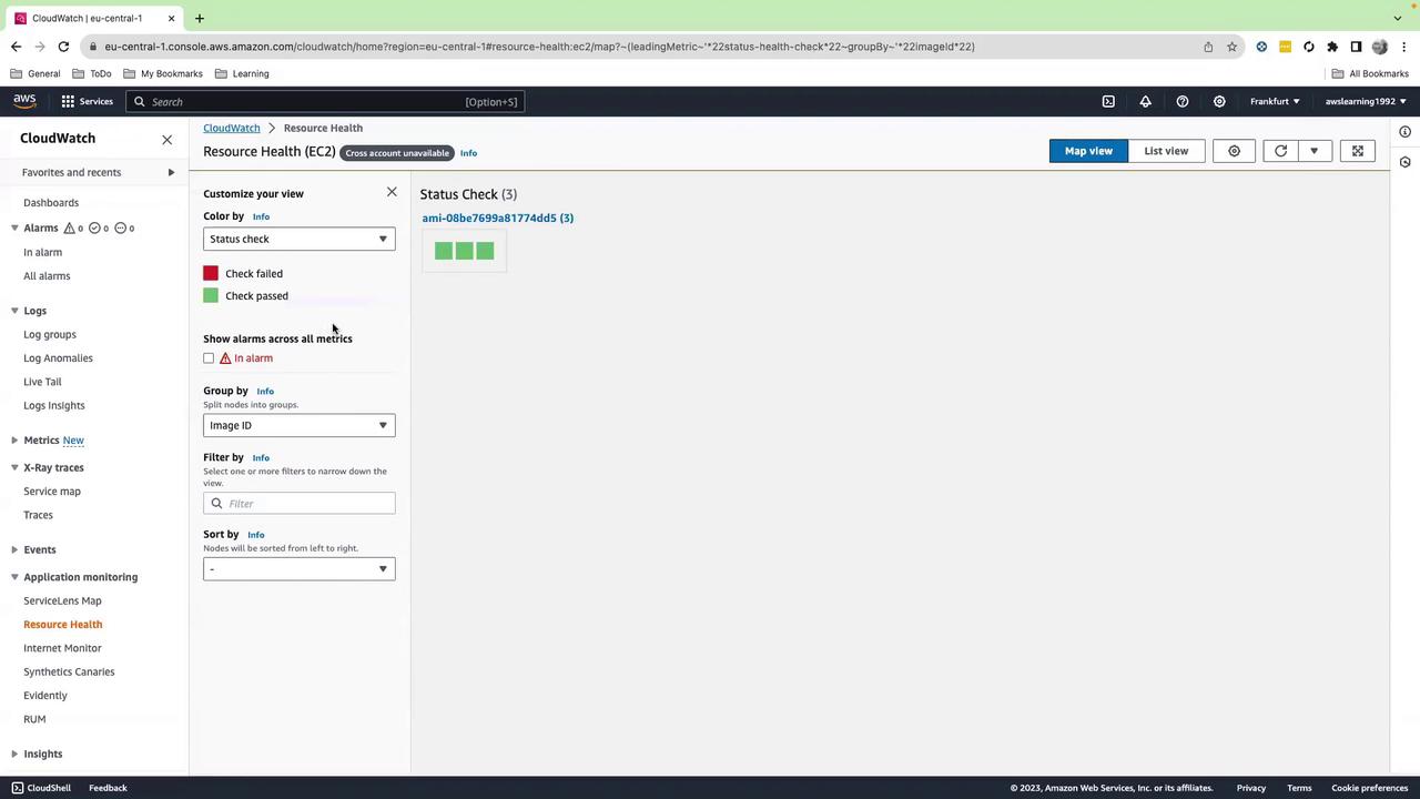 The image shows an AWS CloudWatch Resource Health dashboard for EC2, displaying a status check with all checks passed.