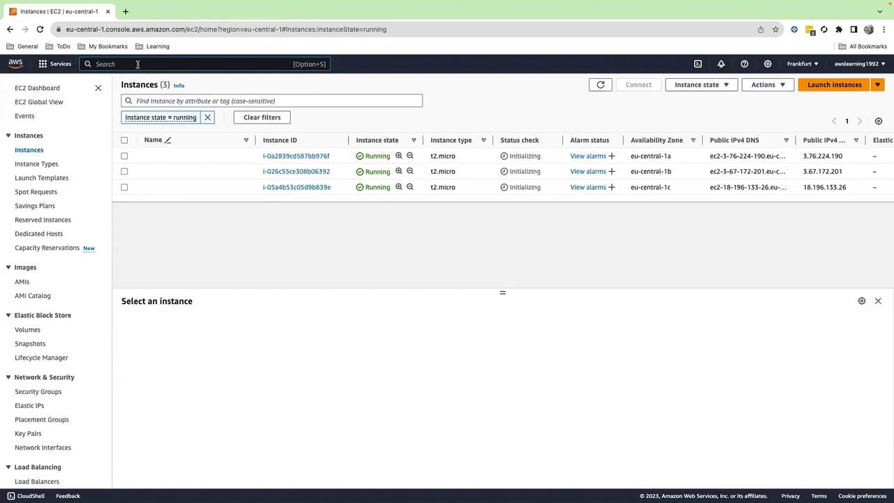 The image shows an AWS EC2 dashboard with three running instances, each with the instance type "t2.micro" and status "Initializing."