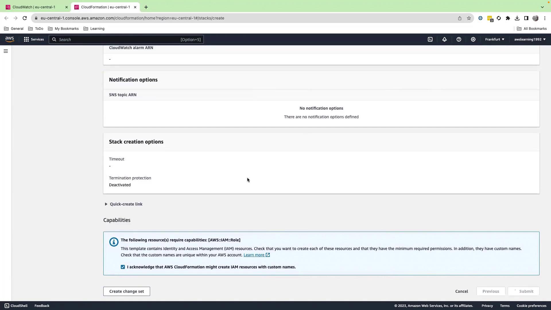 The image shows an AWS CloudFormation console page with options for notification and stack creation, including capabilities and IAM resource acknowledgments.