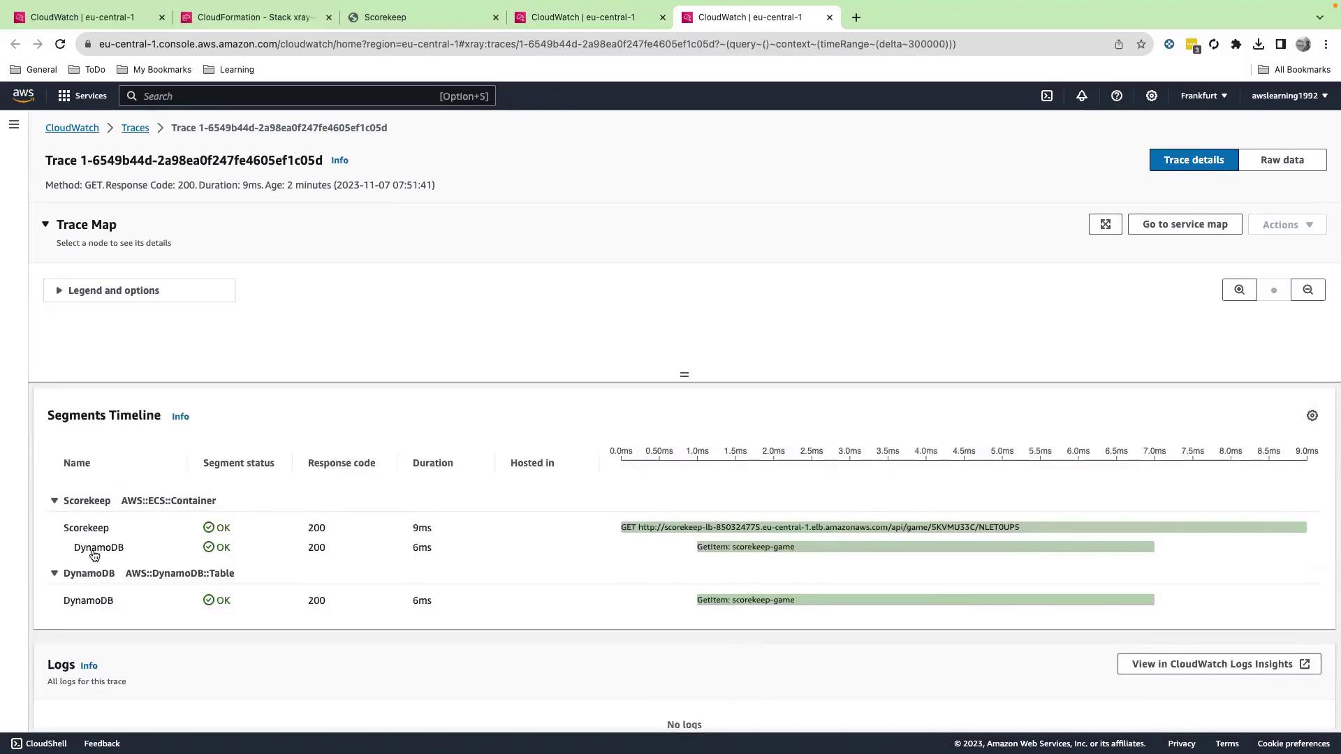 The image shows an AWS CloudWatch X-Ray trace view, detailing a trace with segments for "Scorekeep" and "DynamoDB," including response codes and durations. The timeline visualizes the execution time of each segment.