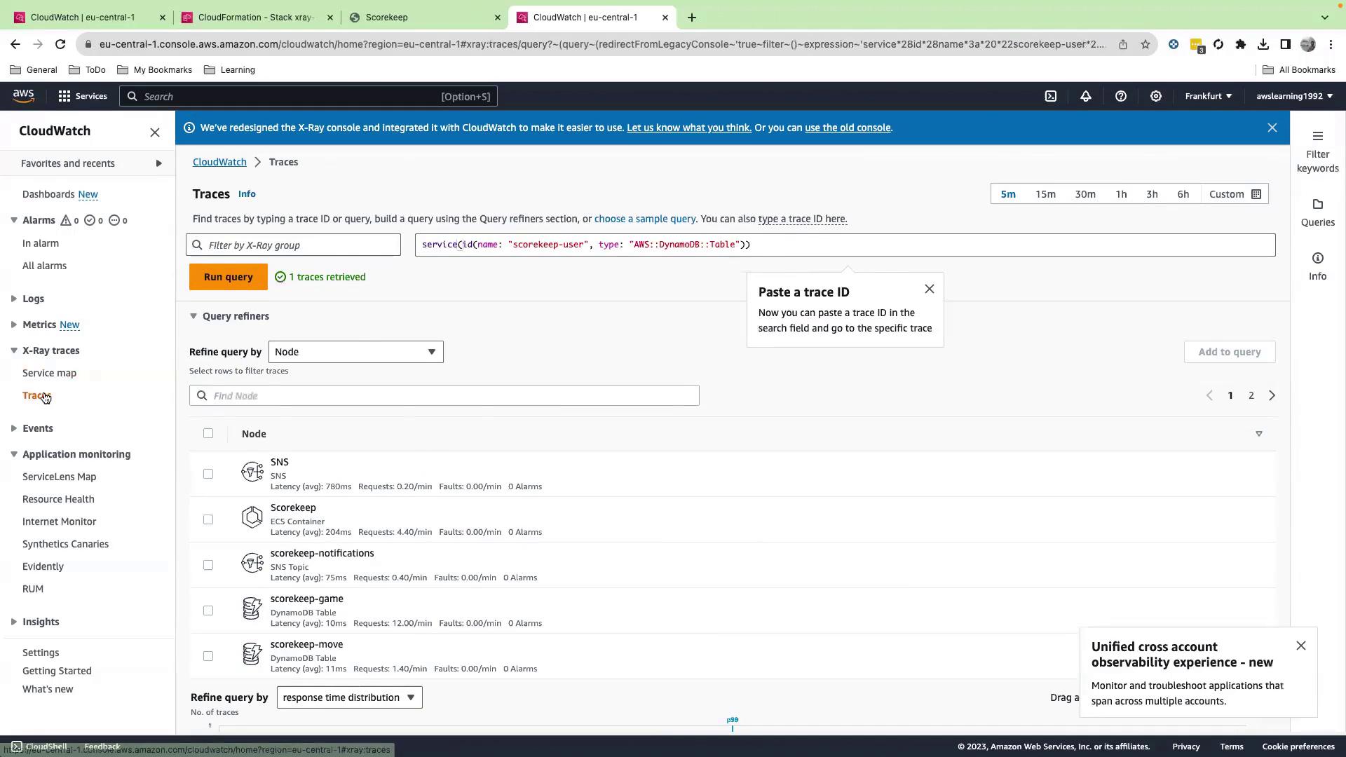 The image shows an AWS CloudWatch interface displaying X-Ray traces with details about various nodes, including latency and request metrics. The interface includes options for refining queries and viewing trace details.
