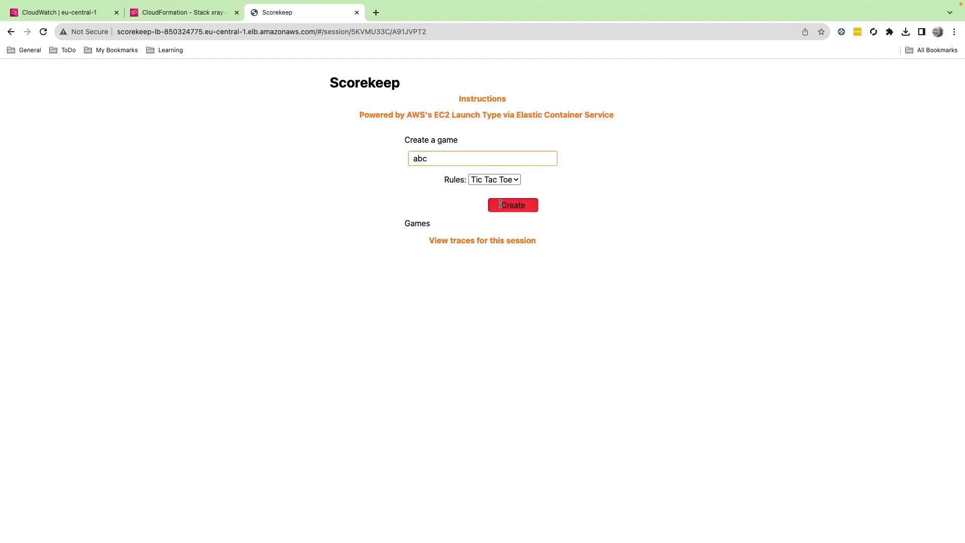 The image shows a web page titled "Scorekeep" where users can create a game by entering a name and selecting rules, with an option to view session traces. It is powered by AWS's EC2 Launch Type via Elastic Container Service.