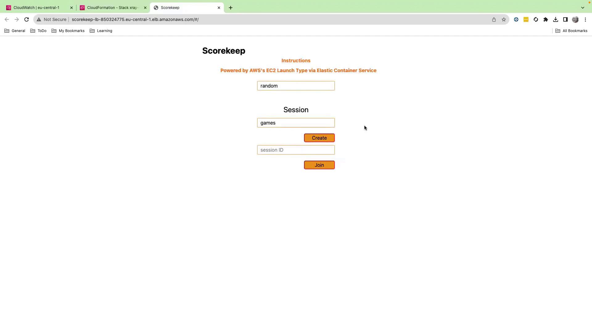 The image shows a web page titled "Scorekeep" with options to create or join a session, powered by AWS's EC2 Launch Type via Elastic Container Service. There are input fields for a session name and session ID, along with "Create" and "Join" buttons.