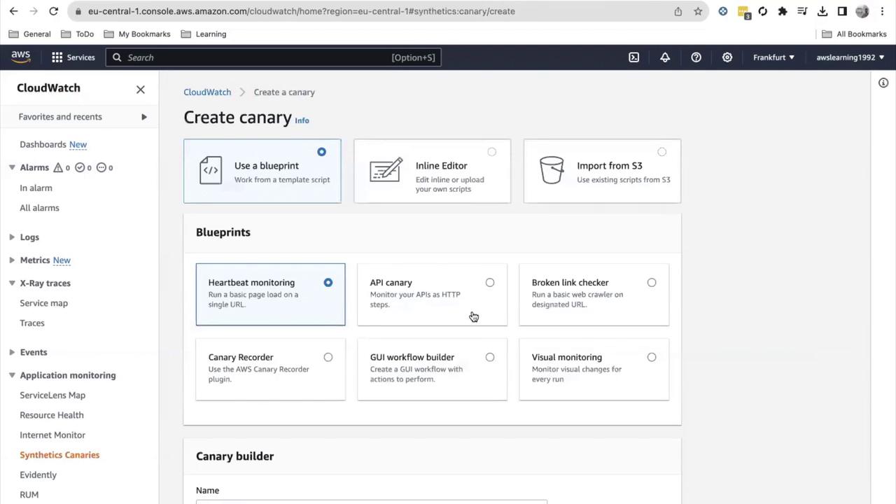 The image shows the AWS CloudWatch console interface for creating a canary, with options to use a blueprint, inline editor, or import from S3, and various blueprint options like heartbeat monitoring and API canary.