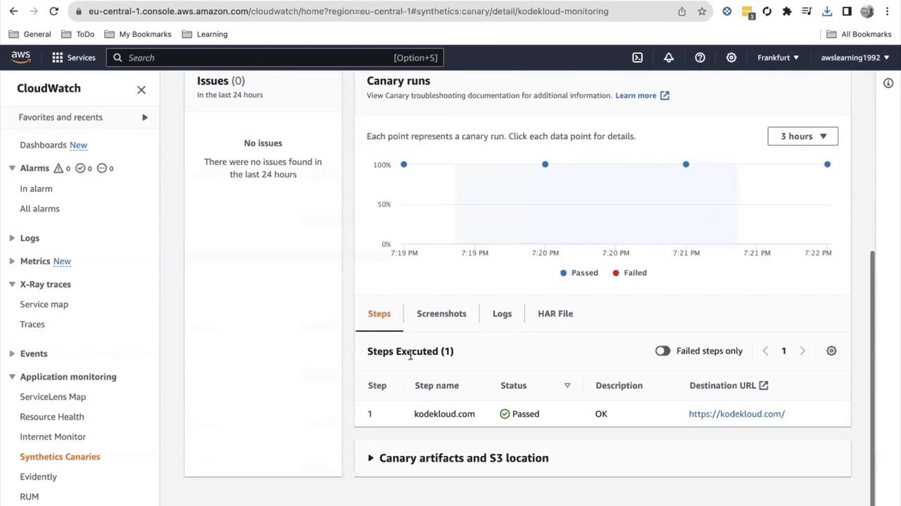 The image shows an AWS CloudWatch dashboard displaying Canary runs with a graph indicating successful and failed checks. The "Steps Executed" section shows one step with a "Passed" status.