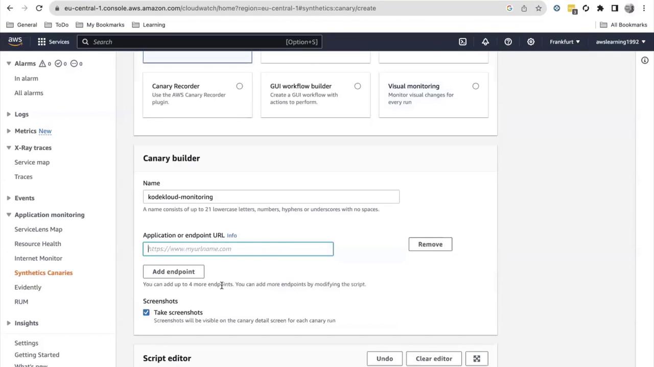The image shows an AWS CloudWatch console screen where a user is setting up a Canary for monitoring, with options to add an endpoint URL and take screenshots.