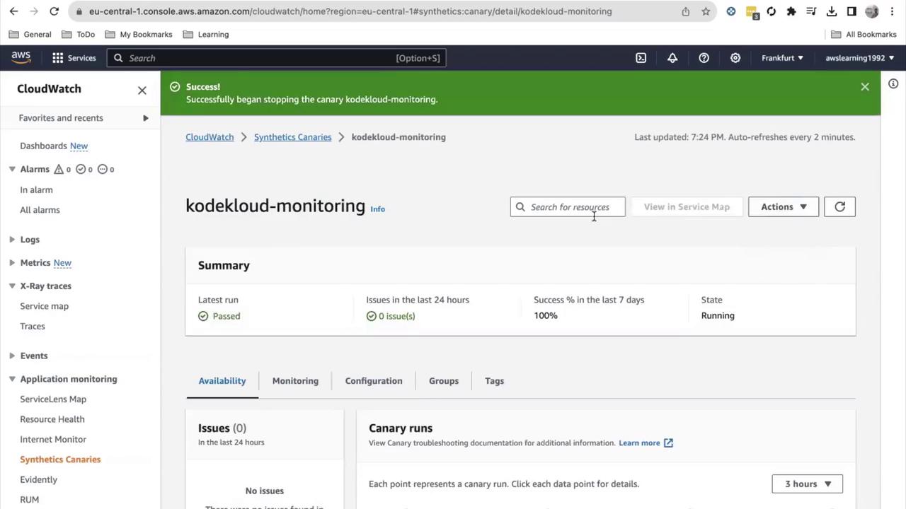 The image shows an AWS CloudWatch dashboard for "kodekloud-monitoring," indicating a successful stop of a canary with no issues in the last 24 hours and a 100% success rate in the last 7 days.