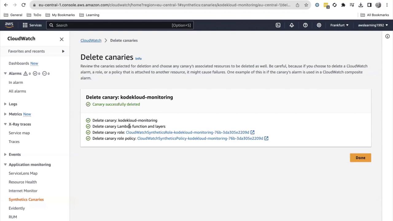 The image shows an AWS CloudWatch interface where a canary named "kodekloud-monitoring" has been successfully deleted, along with its associated resources. The interface includes options for managing alarms, logs, metrics, and application monitoring.