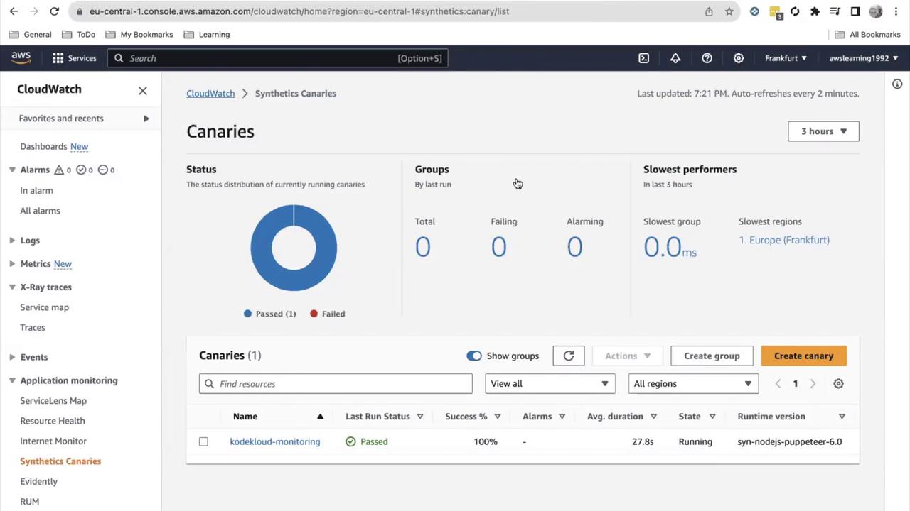 The image shows an AWS CloudWatch dashboard for Synthetics Canaries, displaying the status of canary tests with a pie chart indicating one passed test and no failures. It also lists details of a specific canary named "kodekloud-monitoring" with a 100% success rate.