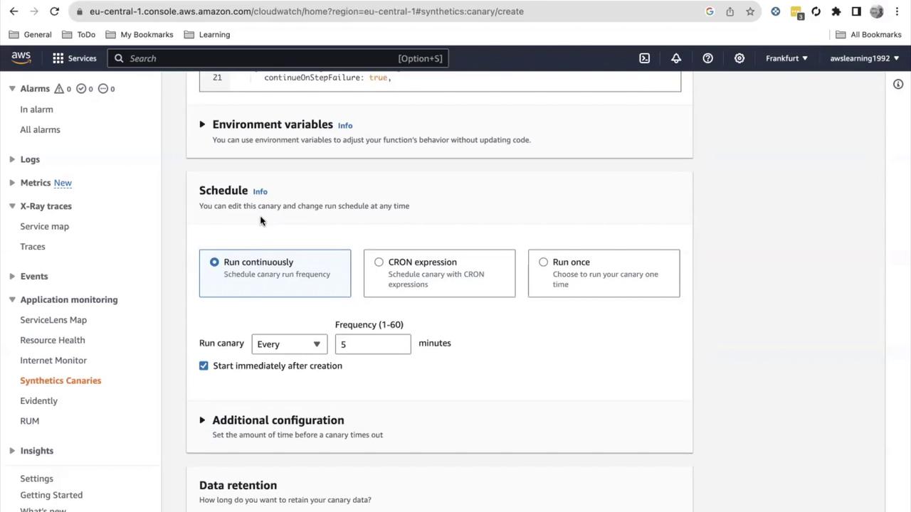 The image shows an AWS CloudWatch console screen, specifically the Synthetics Canaries section, where a schedule for running a canary is being configured. Options include running continuously, using a CRON expression, or running once, with a frequency setting of every 5 minutes.