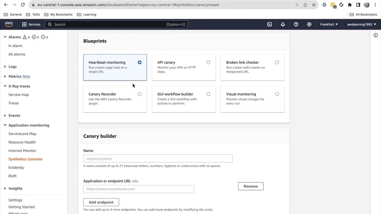 The image shows an AWS console interface for creating synthetic canaries, with options for different monitoring blueprints like heartbeat monitoring and API canary. There's also a section for configuring the canary builder with a name and endpoint URL.