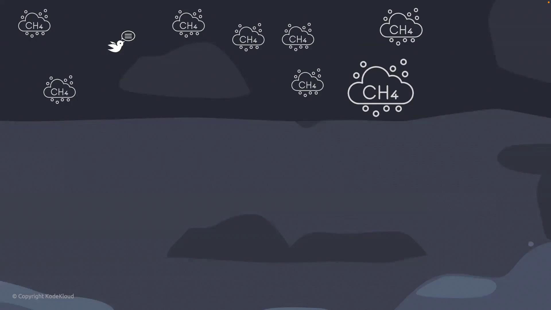 The image shows several cloud-like shapes labeled "CH4" and a small bird with a speech bubble, set against a dark background.