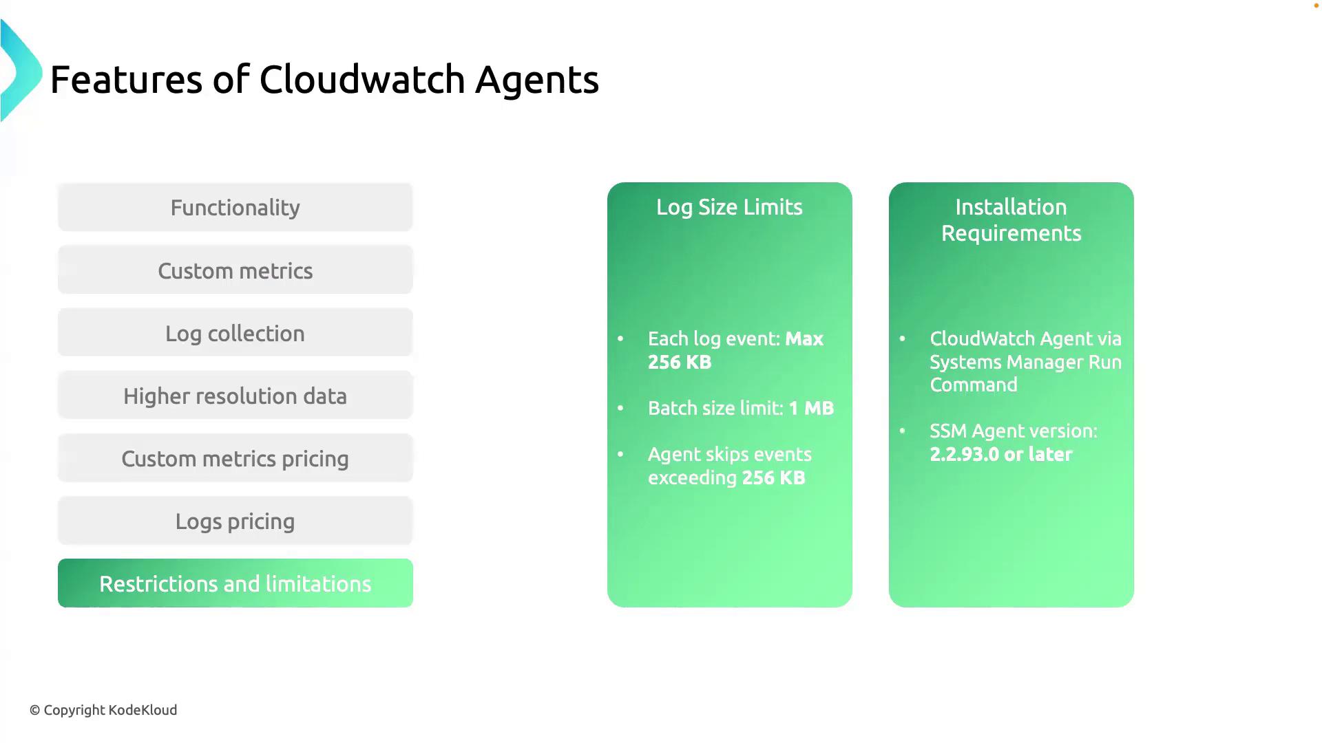 The image outlines features and restrictions of CloudWatch Agents, including log size limits and installation requirements. It highlights specific metrics and pricing considerations.
