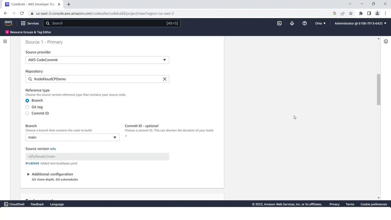 The image shows an AWS CodeBuild configuration screen where the source provider is set to AWS CodeCommit, with a repository named "KodeKloudCPDemo" and the branch "main" selected.