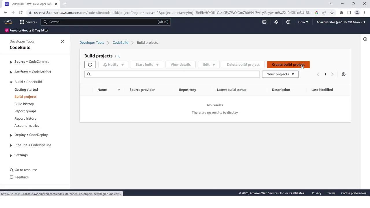 The image shows the AWS CodeBuild interface with no build projects listed. There is an option to create a new build project.