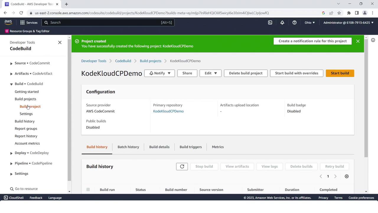 The image shows an AWS CodeBuild project interface for "KodeKloudCPDemo," displaying configuration details and options to start or manage builds. A green notification bar indicates the project was successfully created.