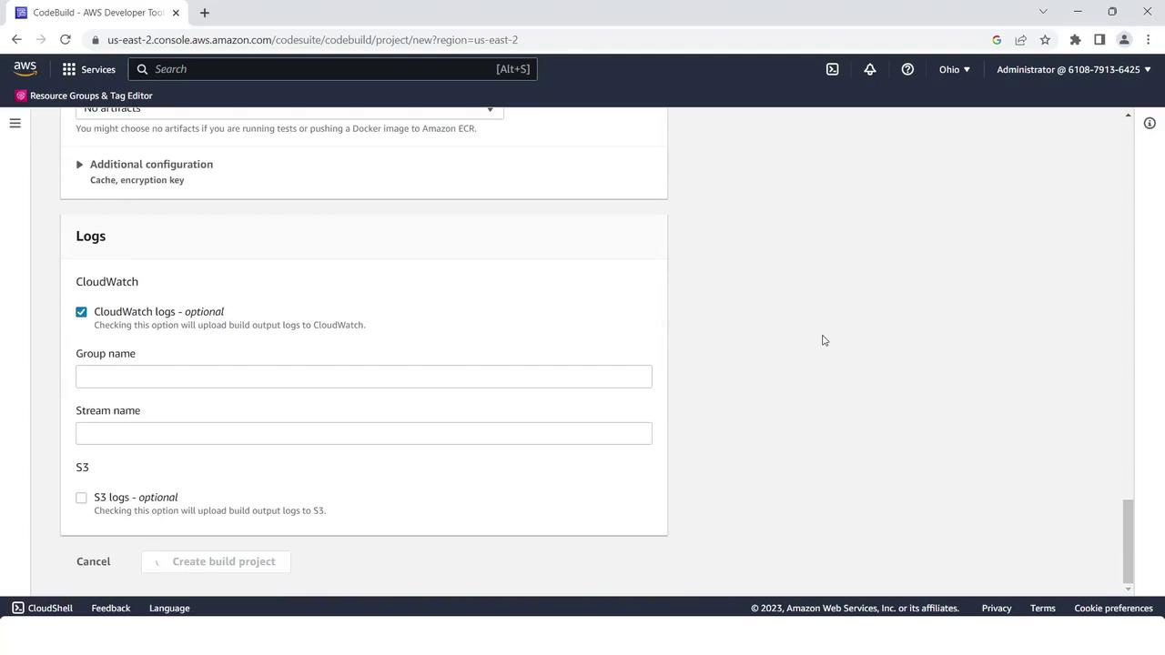 The image shows an AWS CodeBuild interface for configuring logs, with options for CloudWatch and S3 logs.