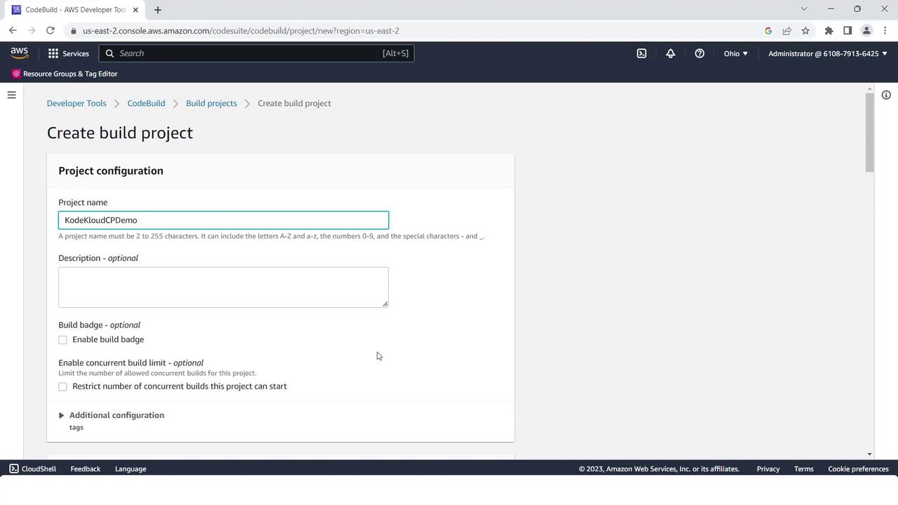 The image shows the AWS CodeBuild interface for creating a new build project, with fields for project configuration such as project name and description.