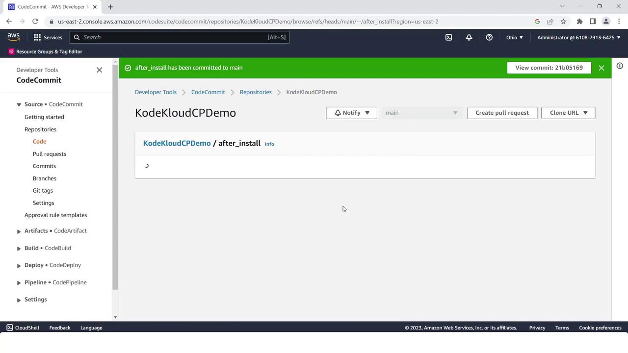 The image shows an AWS CodeCommit interface with a repository named "KodeKloudCPDemo" and a file named "after_install" committed to the main branch. A notification indicates a successful commit.