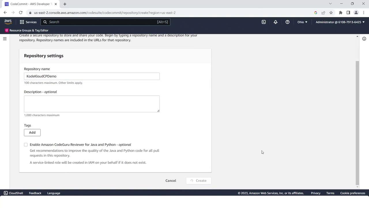The image shows the AWS CodeCommit interface for creating a new repository, with fields for repository name, description, and optional settings.
